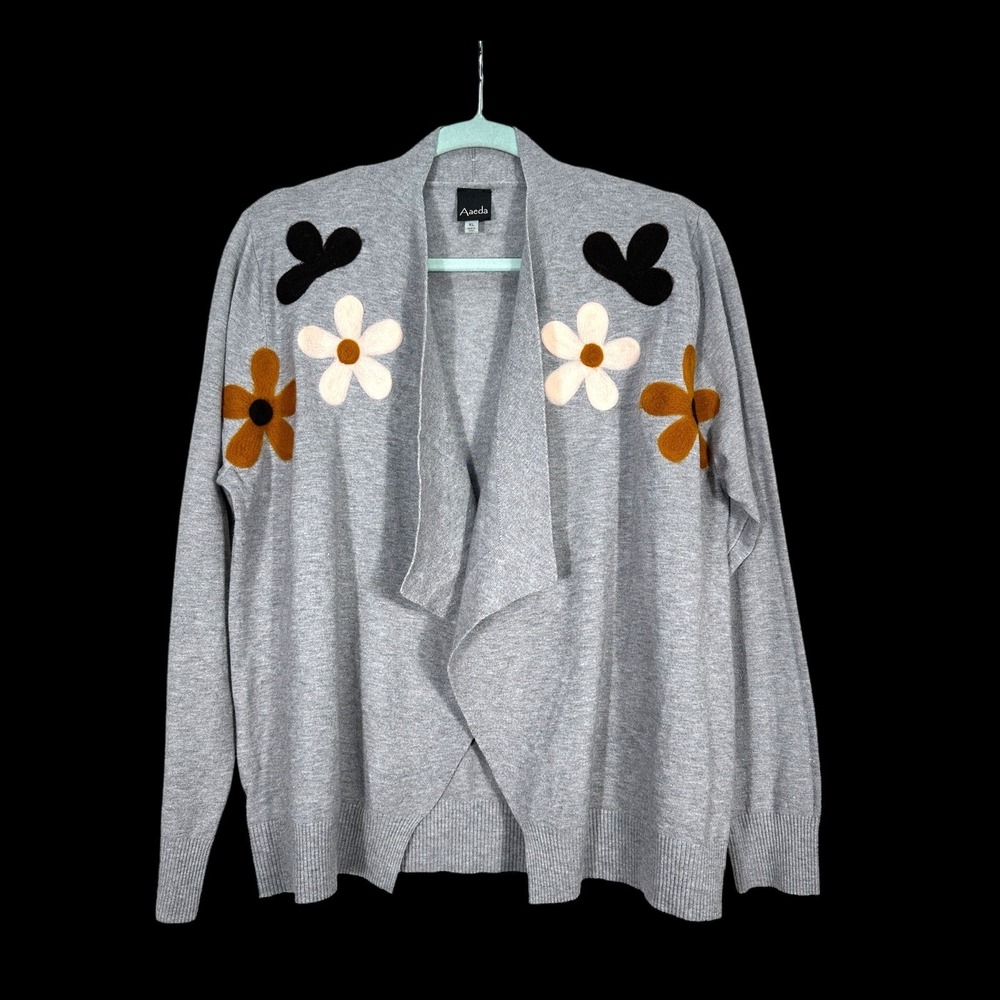 Aaeda Womens XL Gray Open Front Cardigan‎ Floral Embroidered Waterfall Sweater